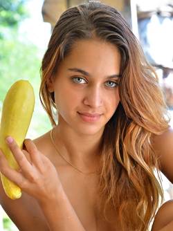 Lovely Brunette with Green Eyes Uma Jolie Toying with Veggies