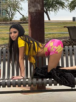 Amateur Latina Kitten Monica Flashing her Shaved Pussy in Public